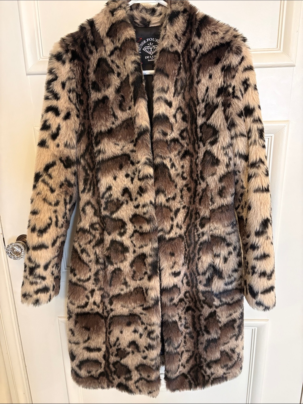 Python Print Faux Fur Teddy Coat - Beige/Brown, size 2